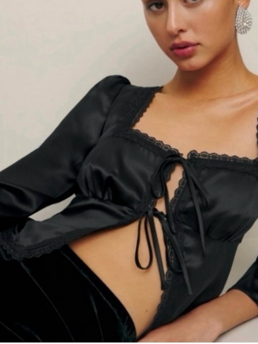 Reformation Lucinda Black Silk Tie-Front Lace Chemise Size 6